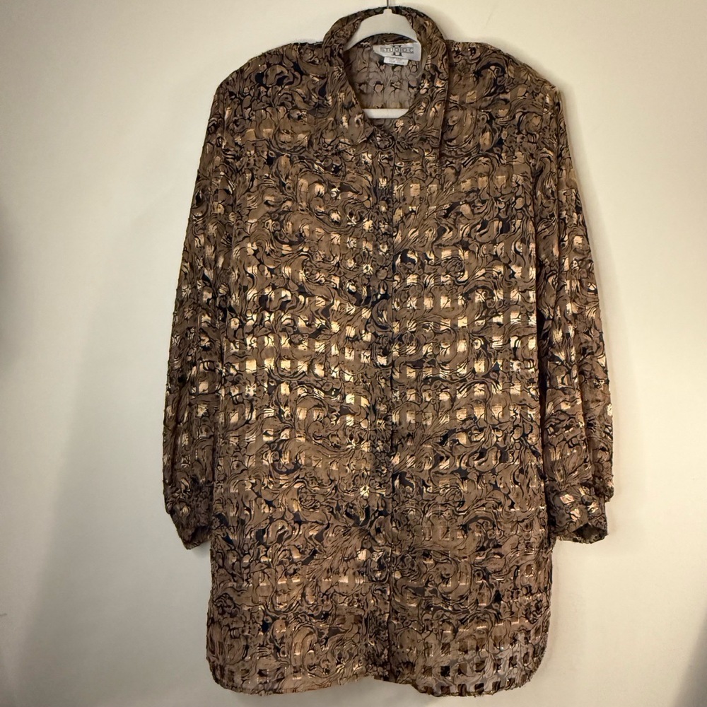 Vintage Abstract Animal Print Blouse Size 18 20 Plus Size Button-Up Sheer Shirt